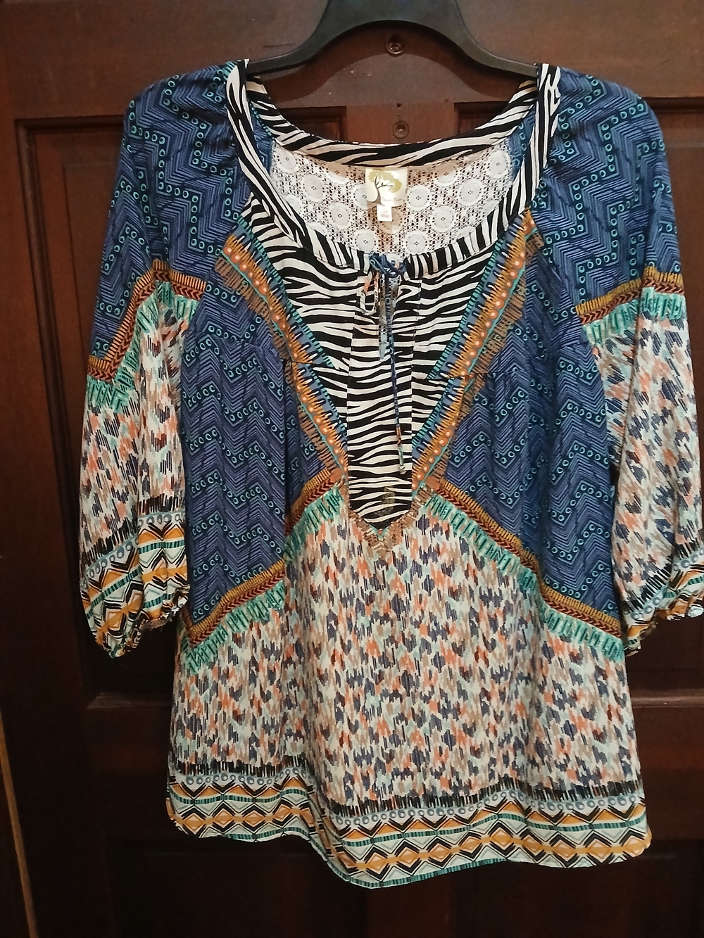 fig and flower Blue Multi-Print Boho Tunic with Zebra Trim Size 3X Earthy Tones